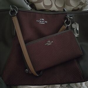 Like new Coach Legacy Jacquard Oxblood Canvas and Leather Tote and wallet